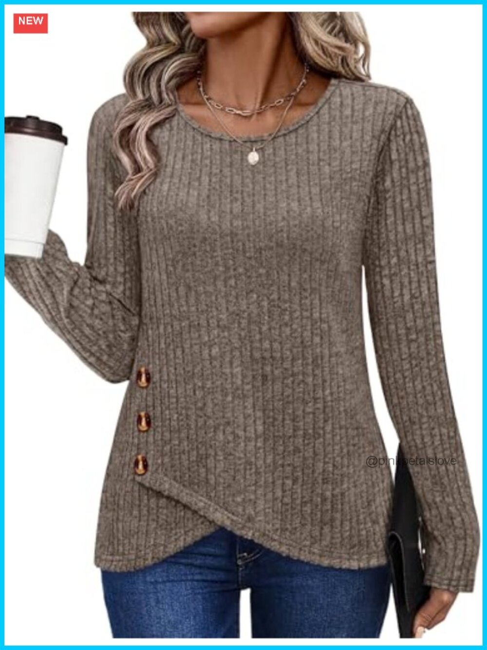 Womens Tunic Sweater Long Sleeve Crew Neck Pullover with Buttons Loose Fit